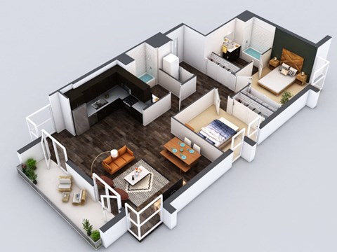 Floor plan for 2 beds, 2 baths, 1166 sqft